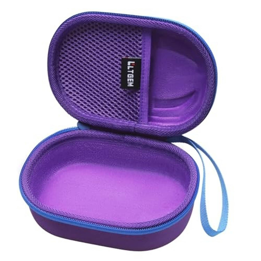 Purple hard case with blue edge trim, open top reveals textured mesh partition