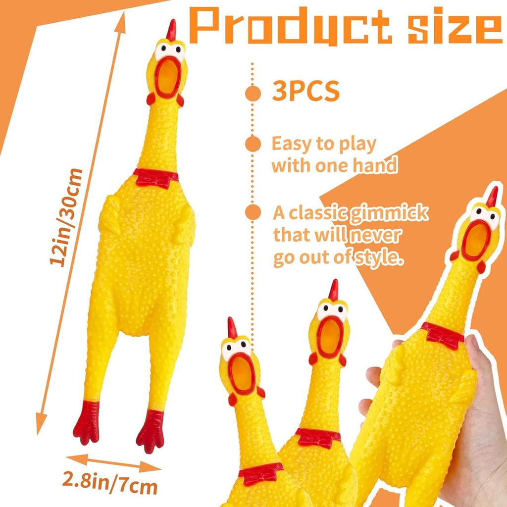 Three yellow rubber squeaky chicken toys with red beaks and combs, 12 inch