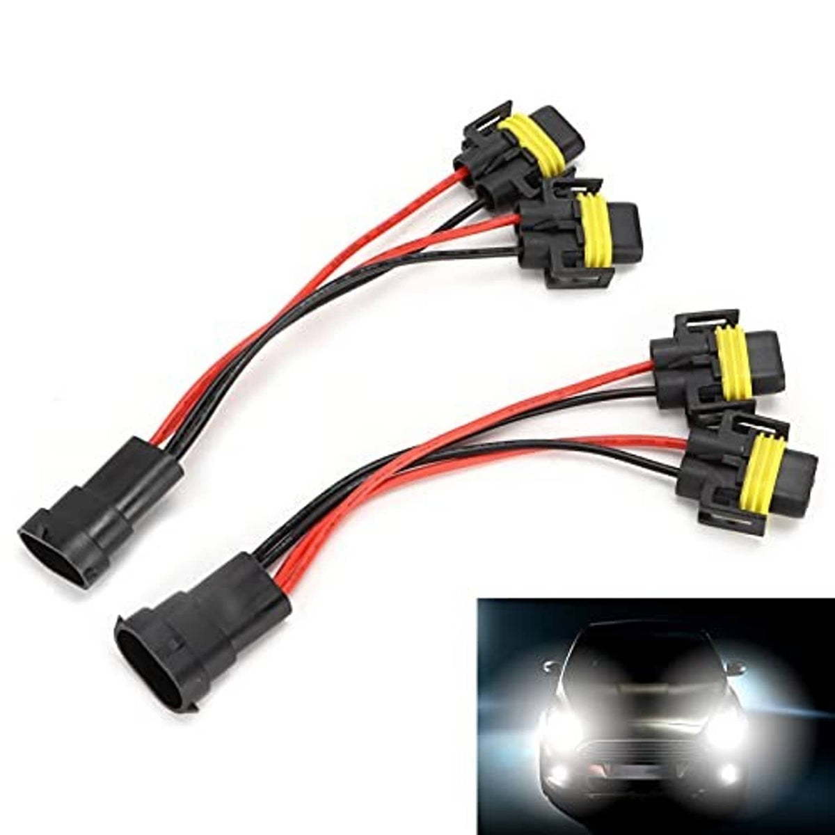 2-way H11/H8 wiring splitter connector set with two black lamp plugs and red/black leads