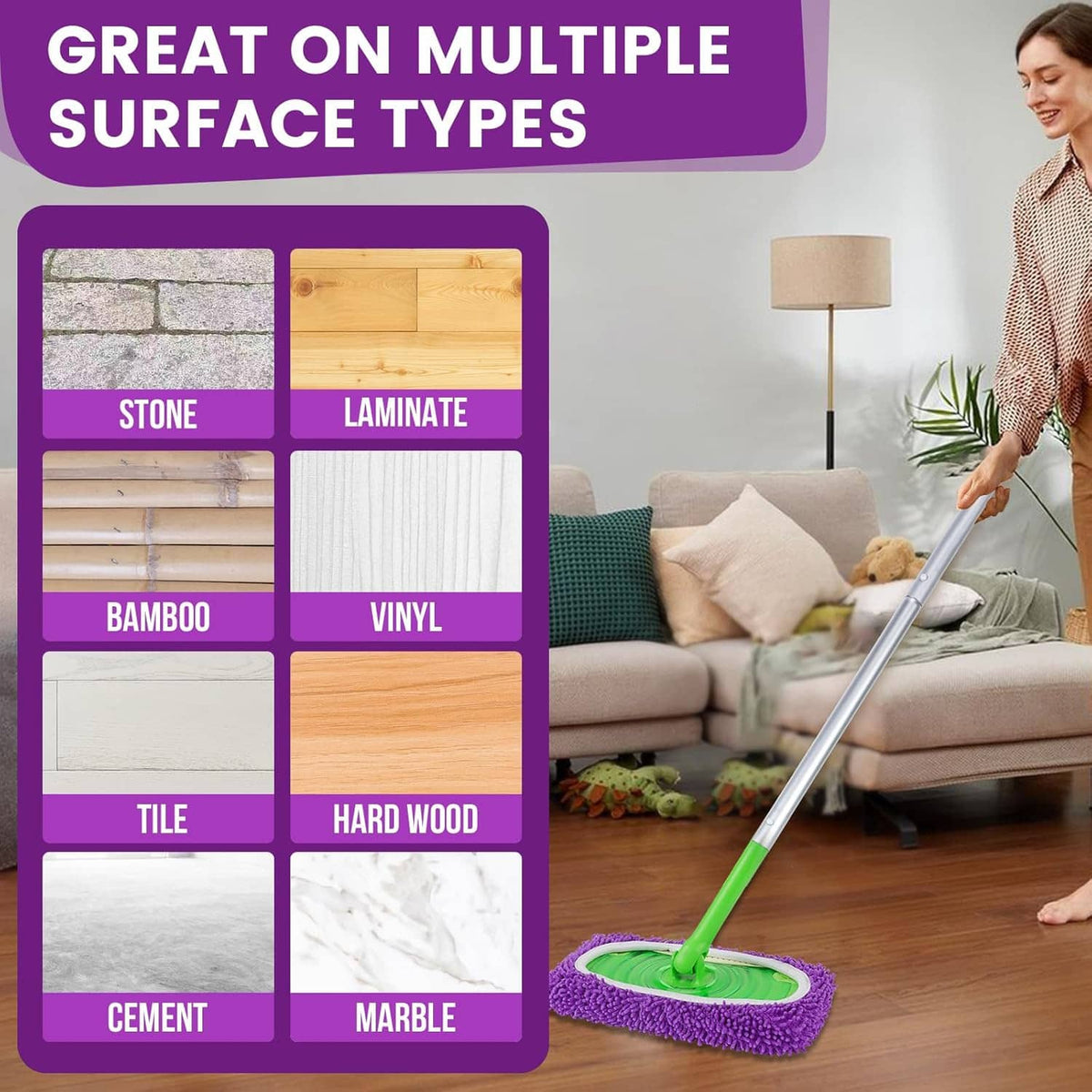 Purple microfiber mop pad on green flat mop head for multiple surface types