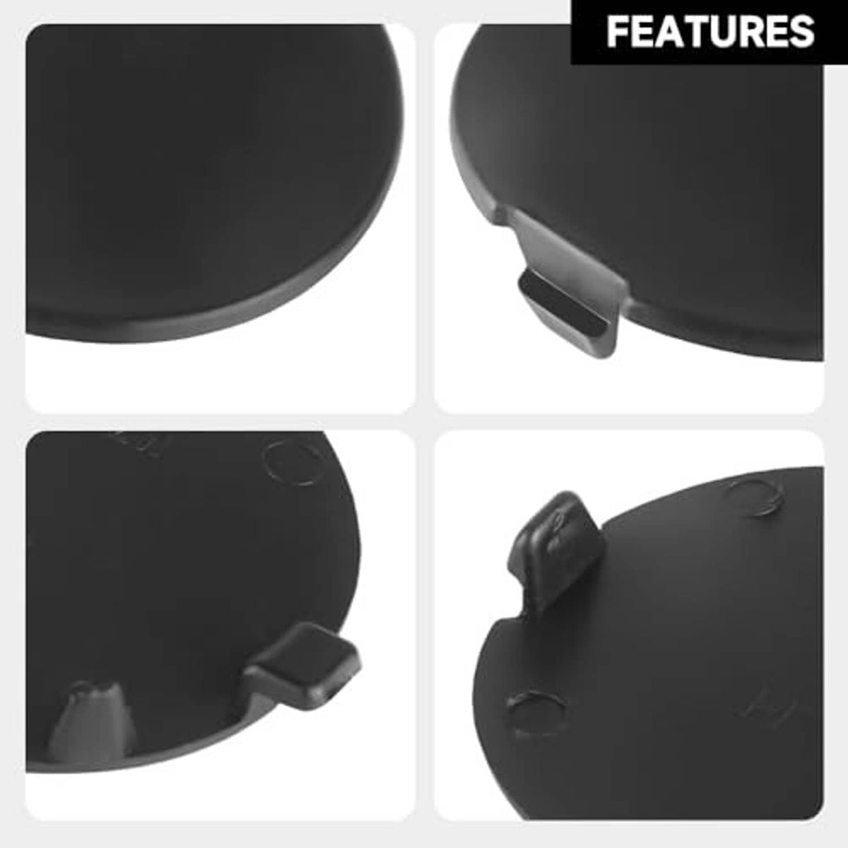 Black tow hook cover cap close-ups showing clip tabs and mounting points