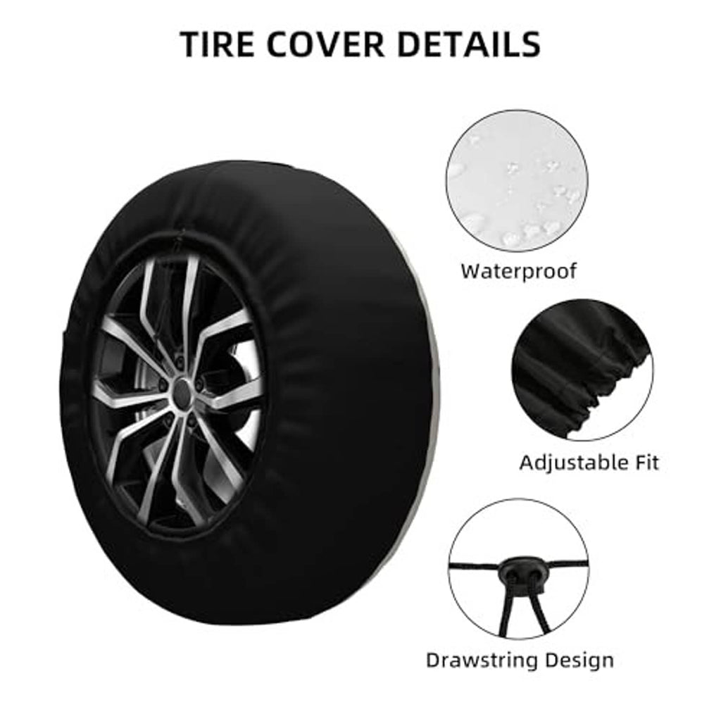 Black spare tire cover details: waterproof, adjustable fit, drawstring design shown on a wheel