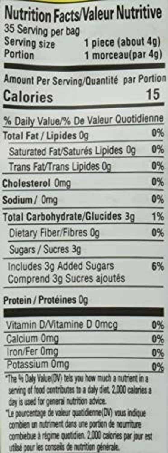 Nutrition label panel for chewy ginger candy, serving size and calories