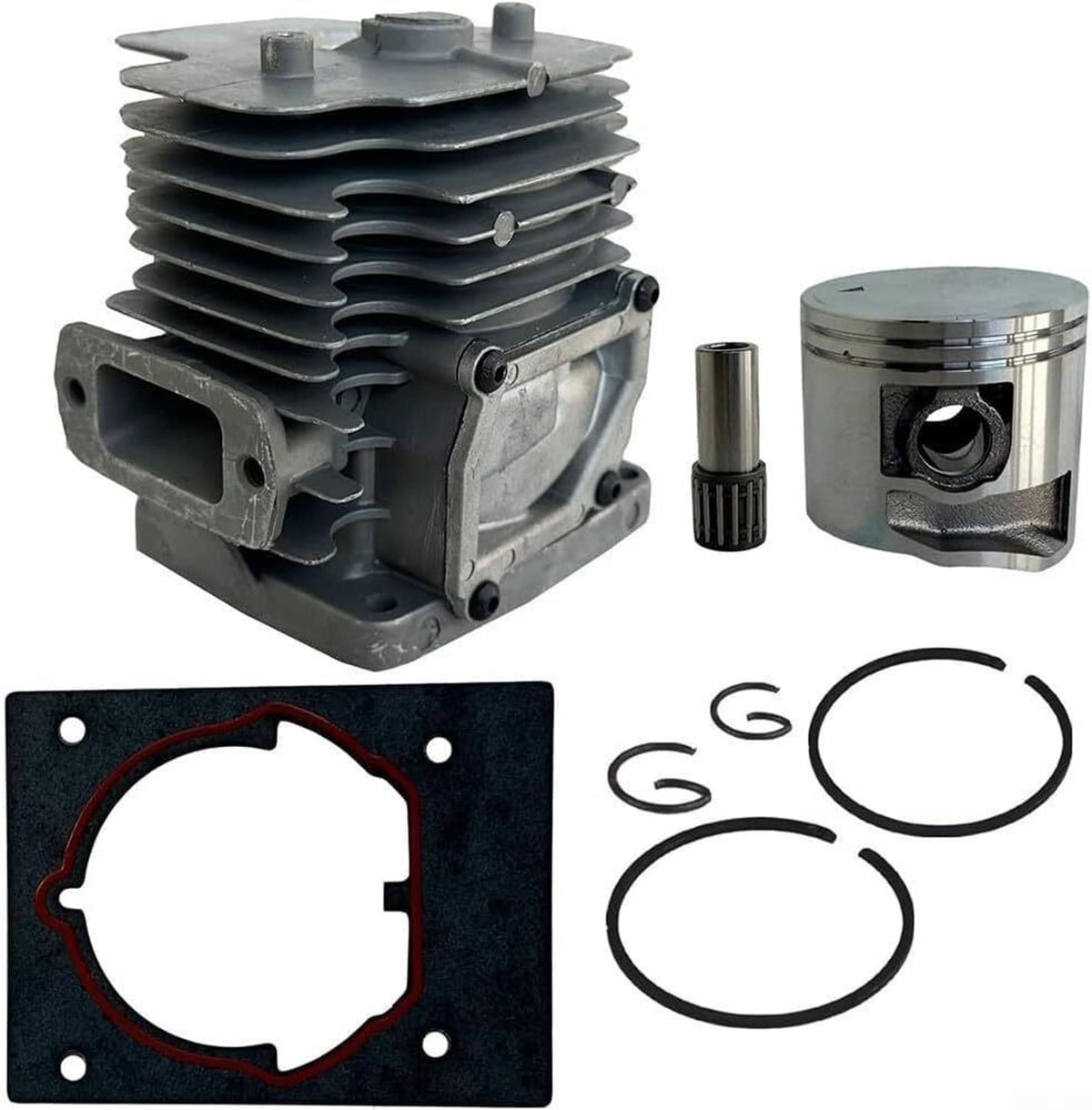 Gray cylinder assembly with piston and rings, plus red-edged gasket plate.