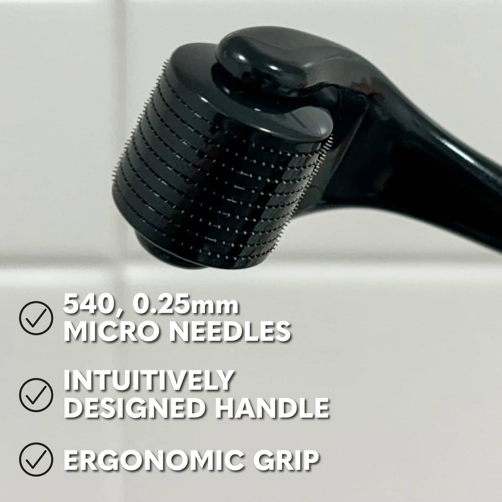 Black derma roller with 540 micro needles, 0.25 mm, and ergonomic handle