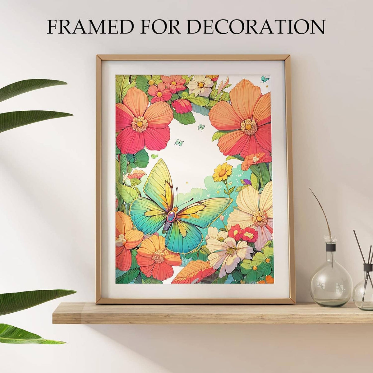 Adult coloring book art displayed in a wooden frame with colorful butterflies and flowers