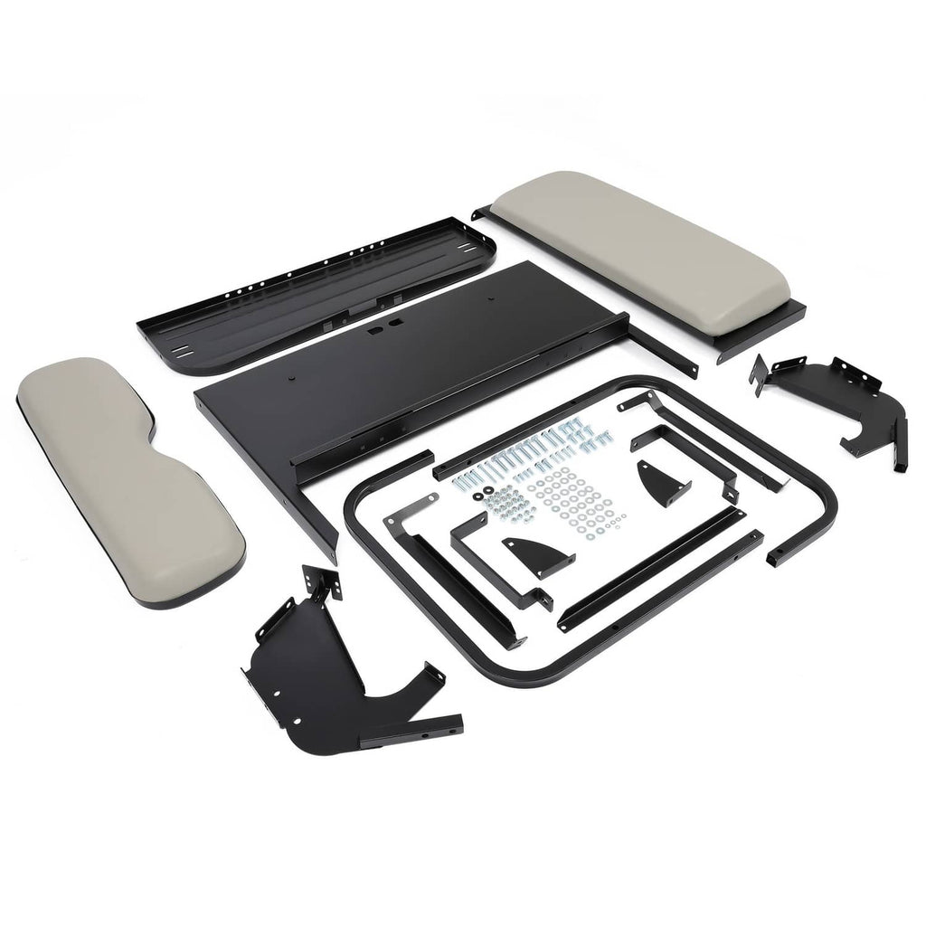 Rear flip seat kit parts laid out: gray cushions, black panels, and hardware