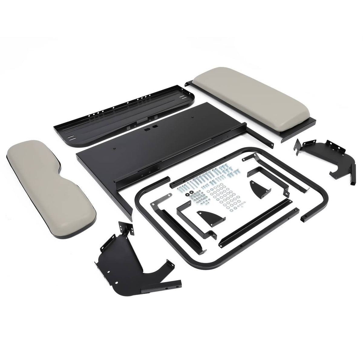Rear flip seat kit parts laid out: gray cushions, black panels, and hardware