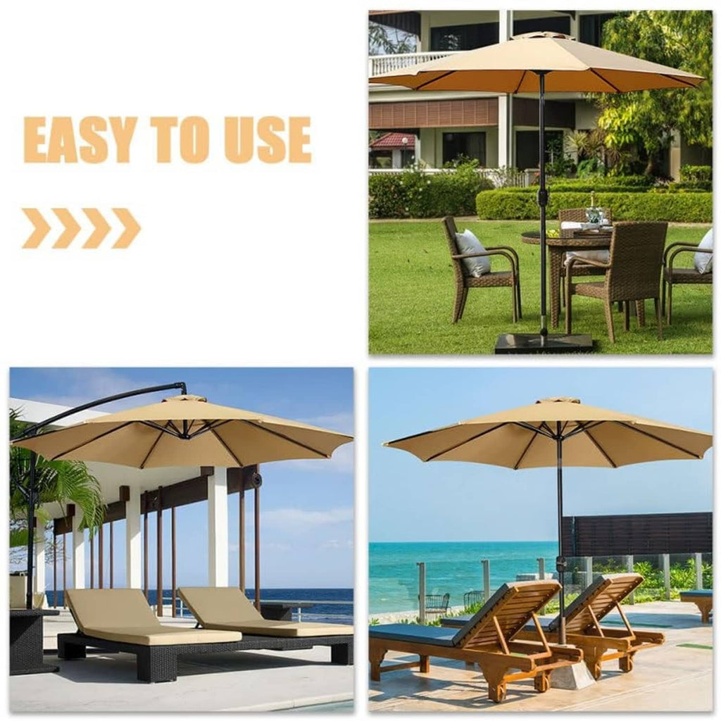 Tan patio umbrella canopy over outdoor seating on a lawn patio