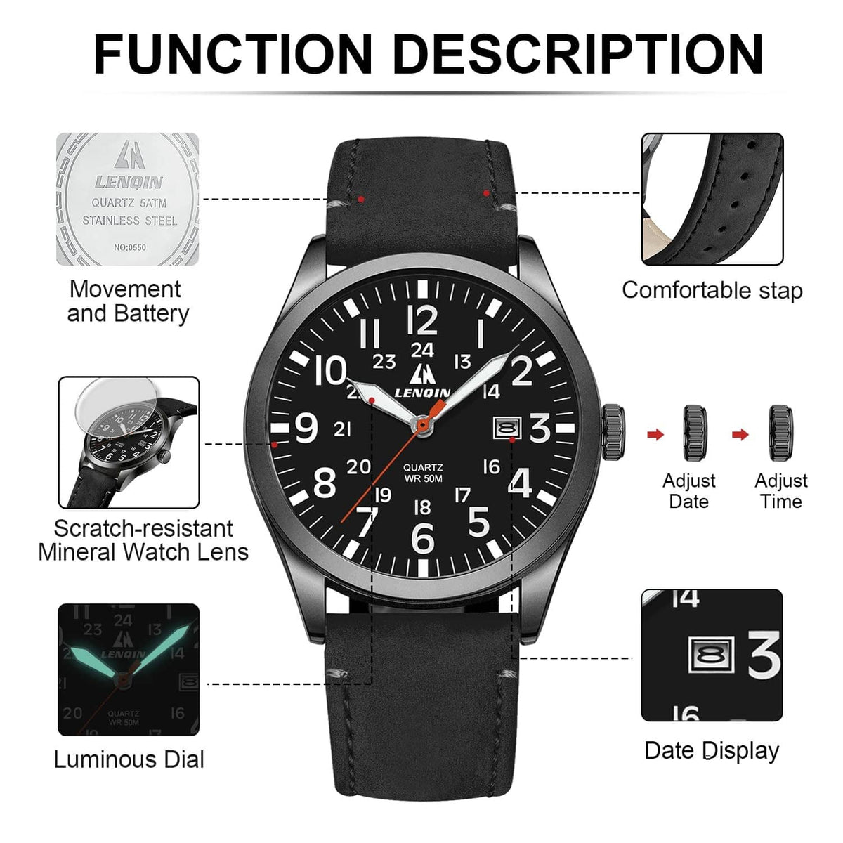 Mens analog watch infographic view: black dial, black leather strap, date display