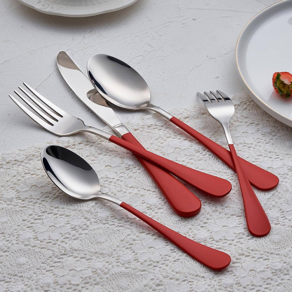Red-handled stainless utensils set with forks and spoons