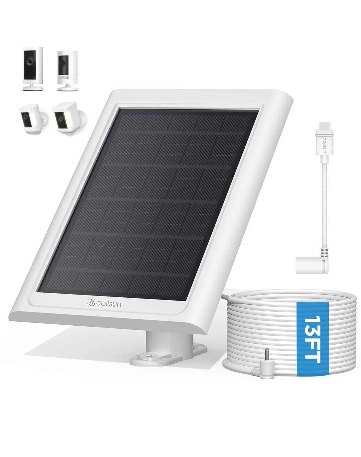 White solar panel charger with adjustable mount and cable for Ring cameras