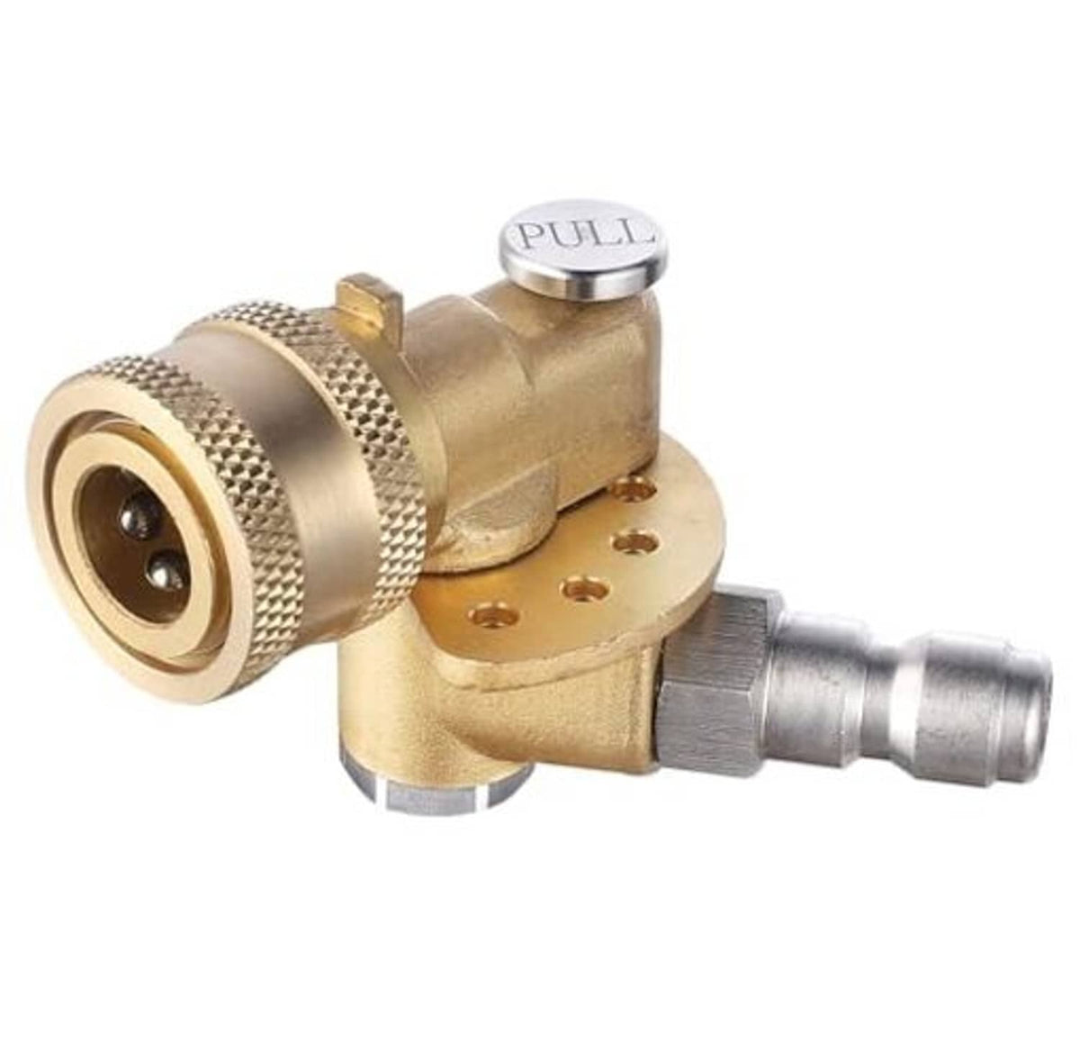 Brass pivoting coupler with pull pin knob, textured collar, and barbed quick-connect end