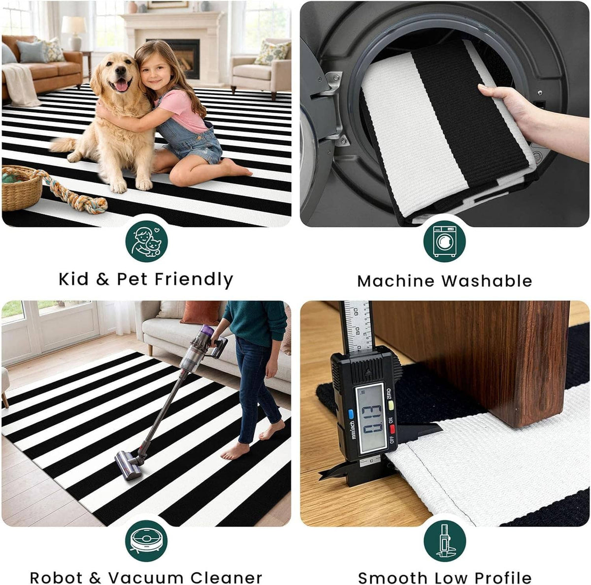 Black-and-white striped area rug shown flat on the floor with low, smooth profile.