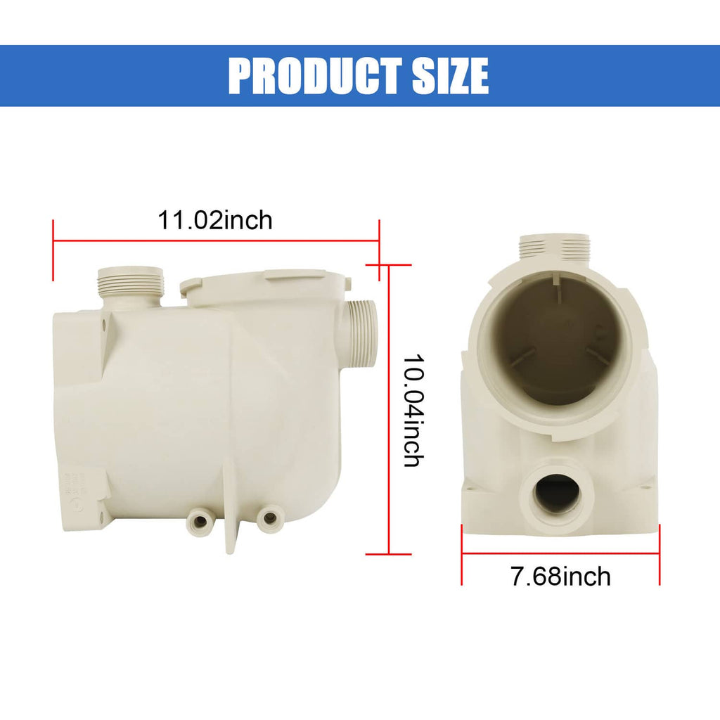 Pool pump housing shown front and side views, cream-white plastic with threaded ports