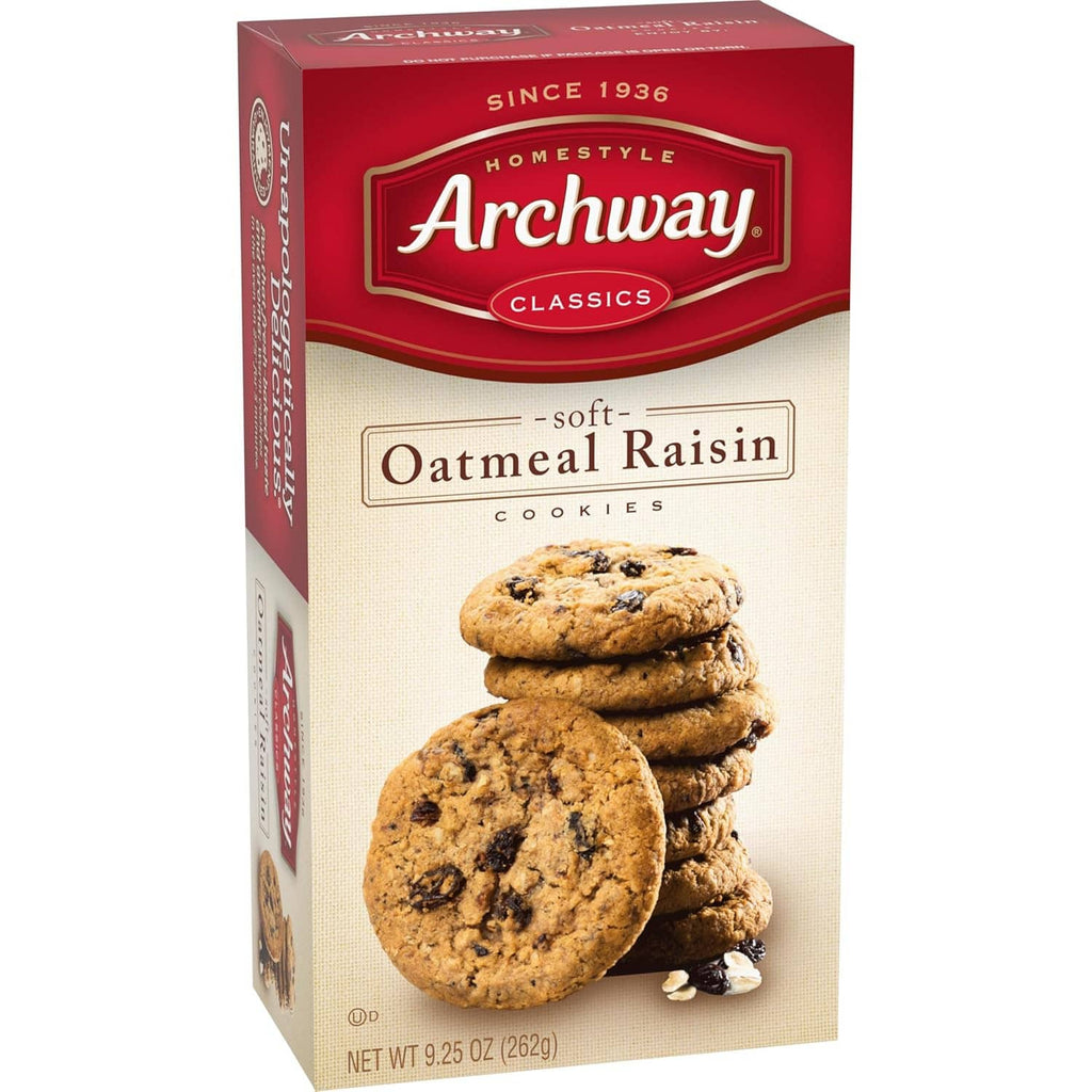 Archway Homestyle Classics soft oatmeal raisin cookies box, front view with cookie stack