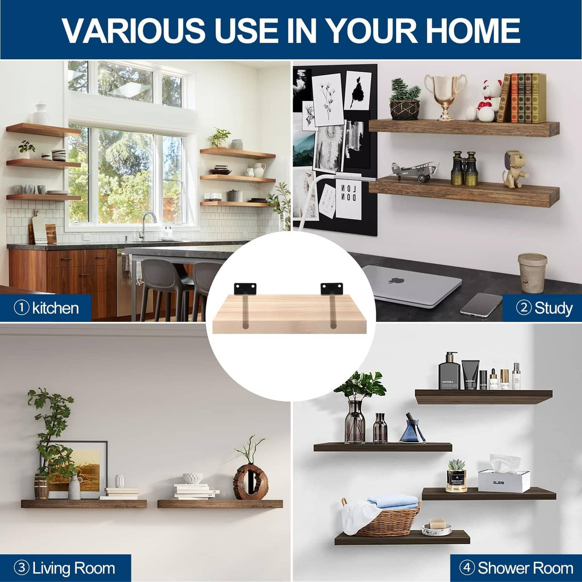 Black floating shelf bracket set with wall mounts supporting wood shelves