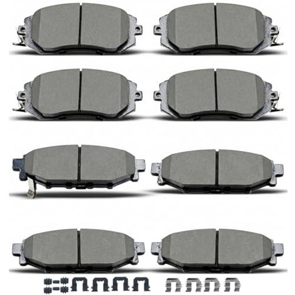 8-piece brake pad set, gray composite pads with mounting hardware and clips