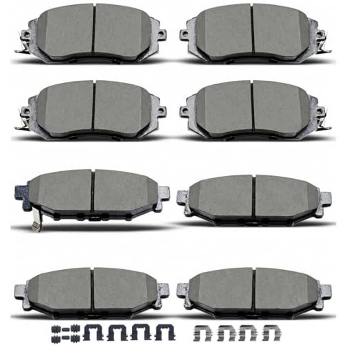 8-piece brake pad set, gray composite pads with mounting hardware and clips
