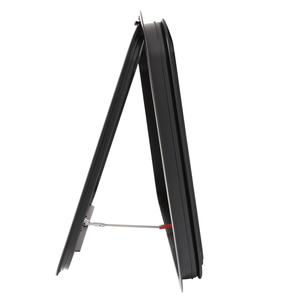 Open RV exit window hinge and support arm shown in side view