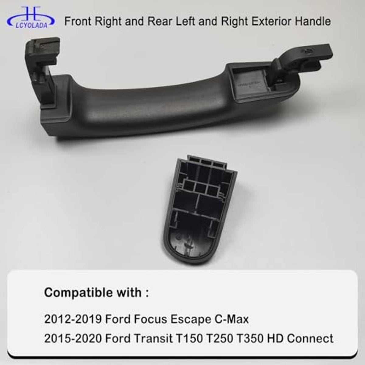 Dark exterior door handle with mounting clips and separate interior housing insert