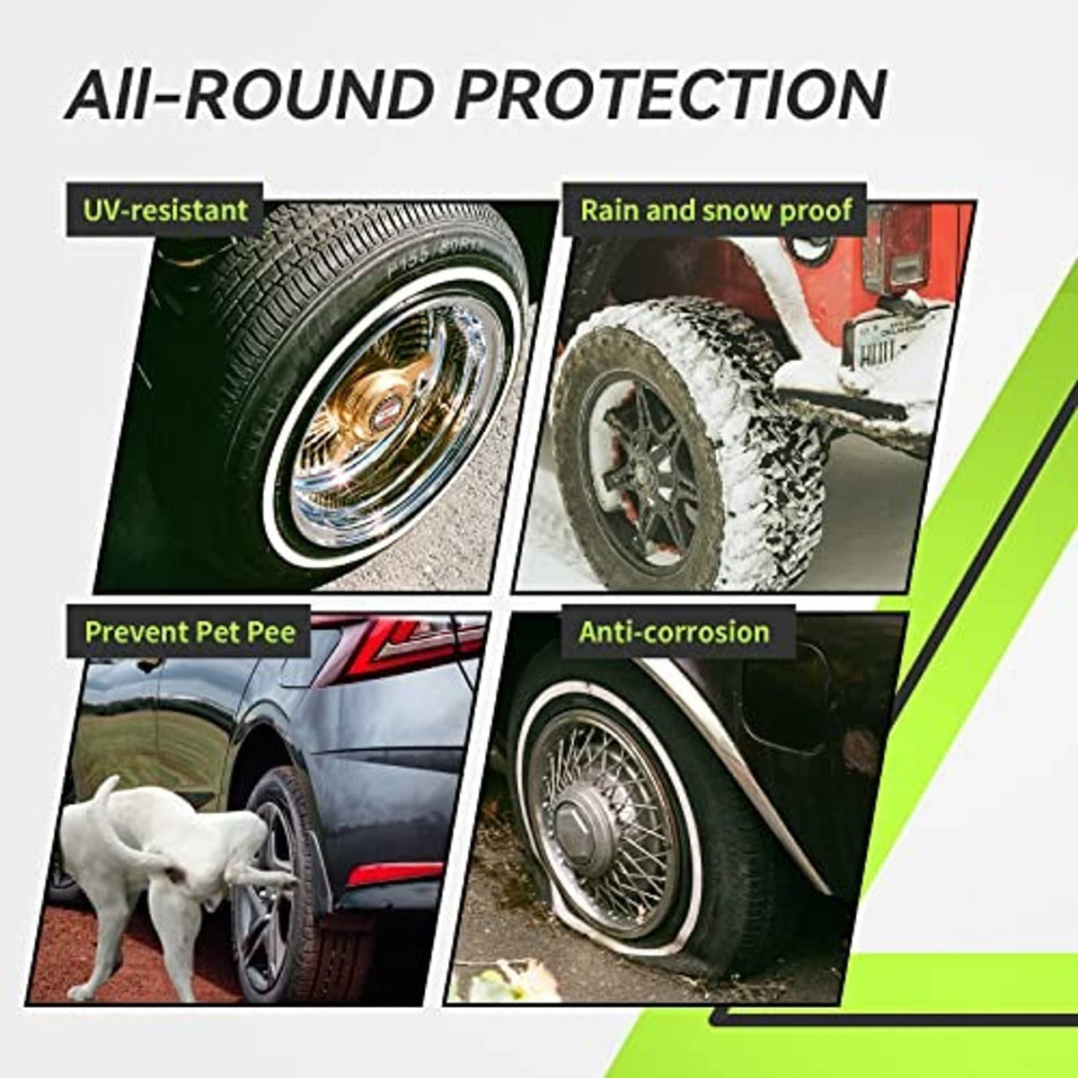 Dual axle tire cover protection collage with wheel shielding from rain and snow