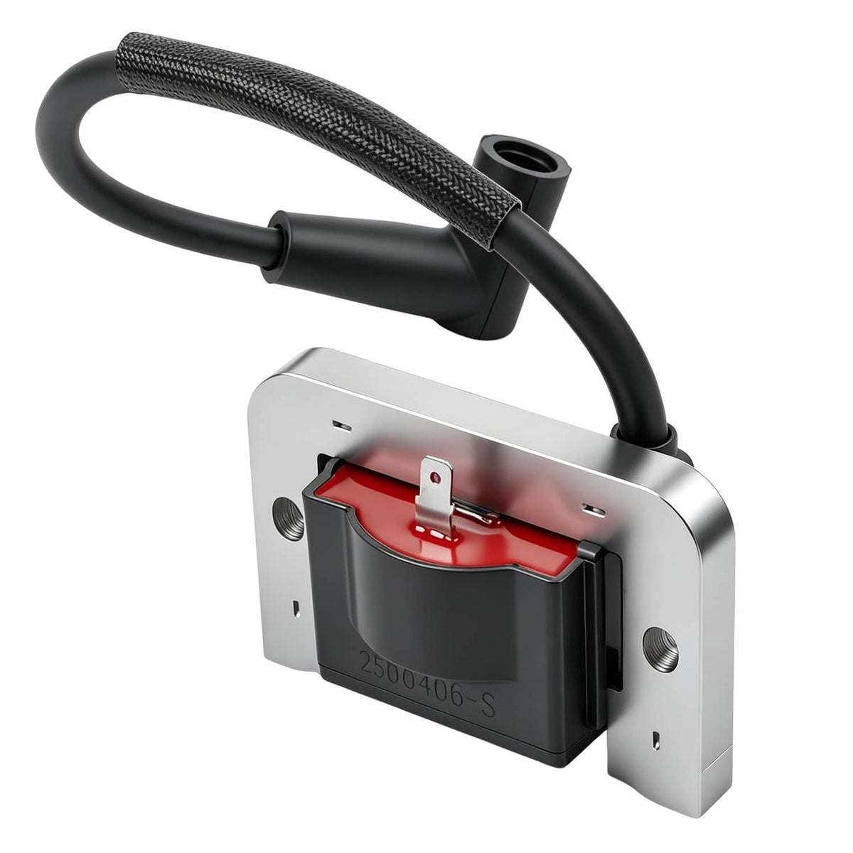 Ignition module with red internal label, black wire harness and coil boot