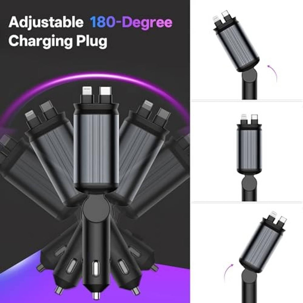 Retractable car charging plug with adjustable 180-degree multi-connector tips