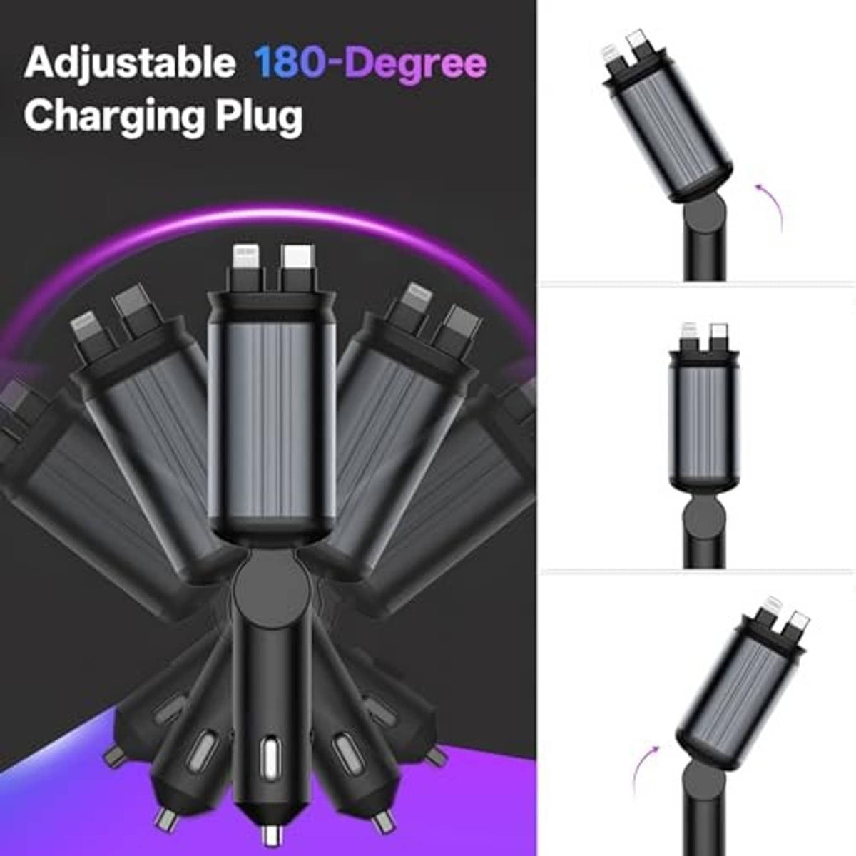 Retractable car charging plug with adjustable 180-degree multi-connector tips