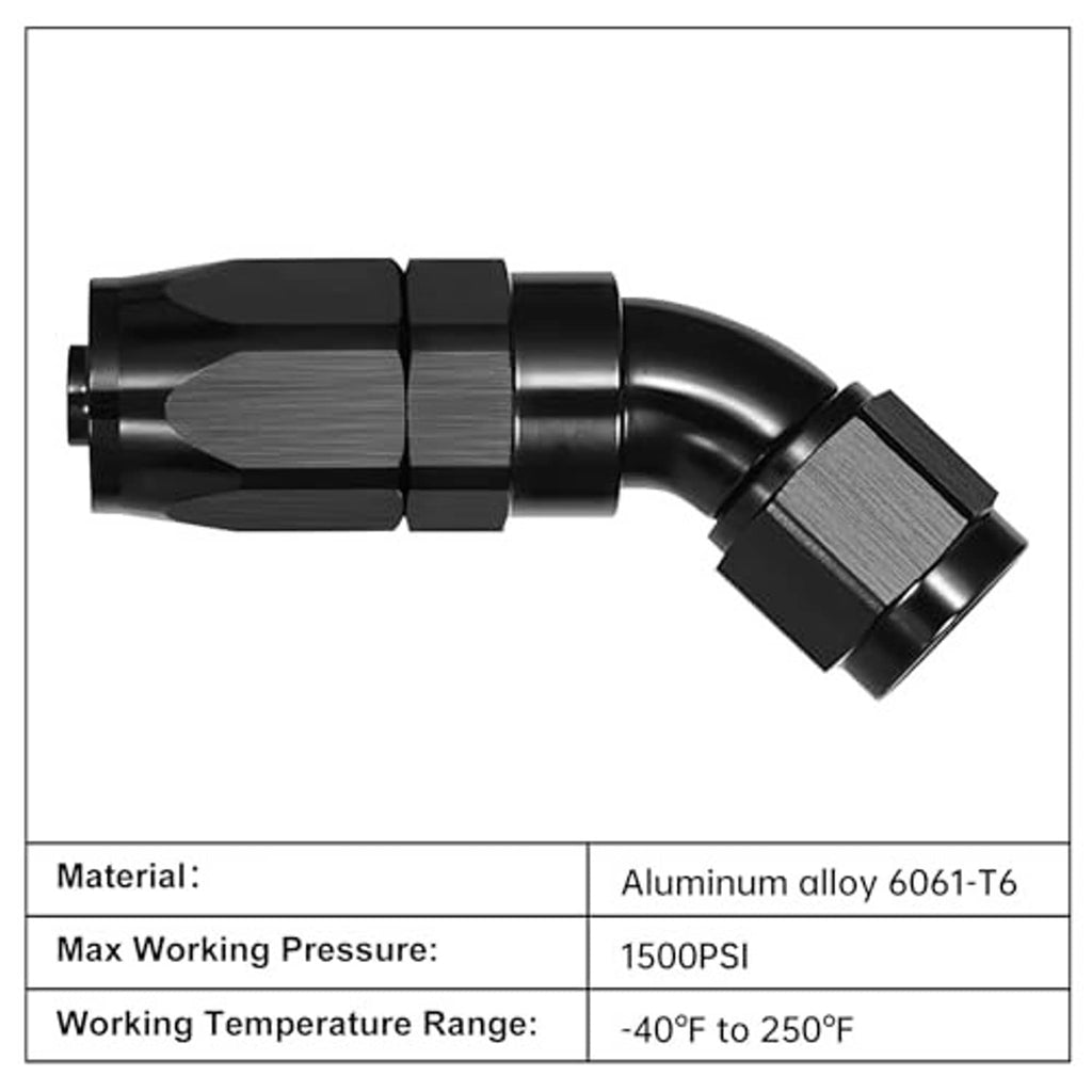 45-degree swivel AN hose end fitting, black anodized aluminum alloy, angled outlet