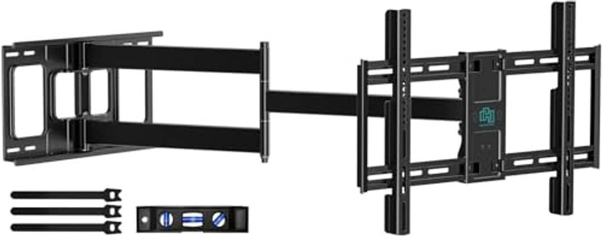 Extra long full motion TV wall mount with articulated arms and wall bracket.