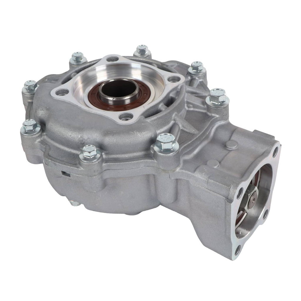 Rear differential gear case with mounting bolts and oil seal, silver metal housing