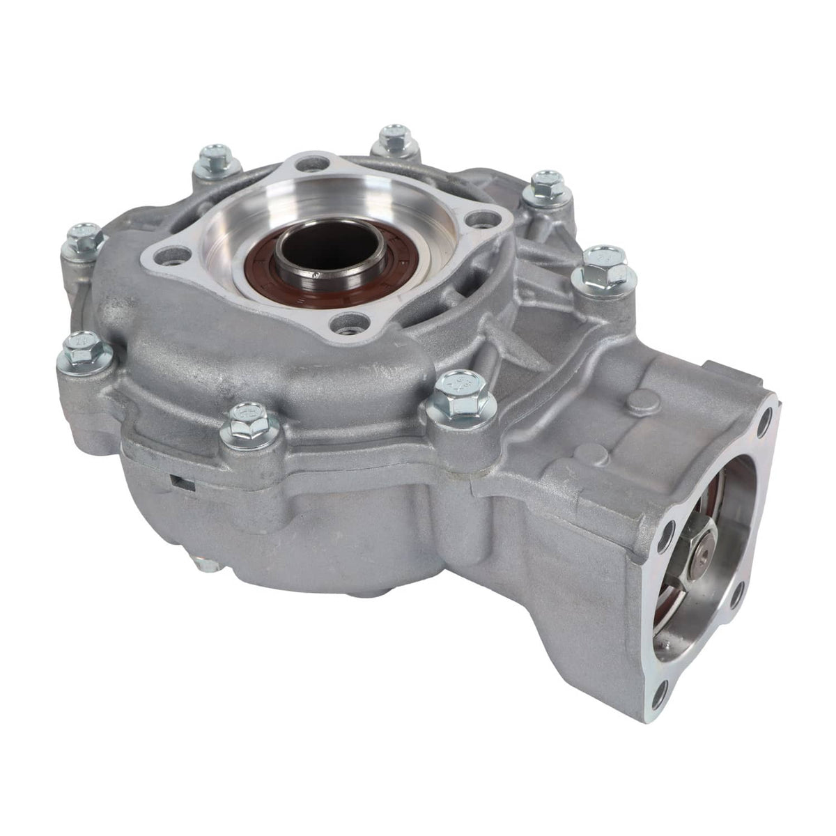 Rear differential gear case with mounting bolts and oil seal, silver metal housing