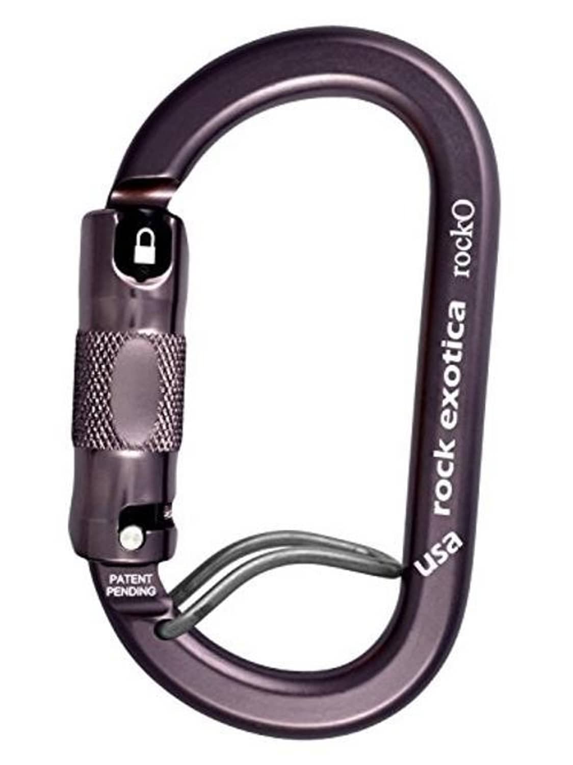 Heavy duty locking carabiner with hinge latch and mesh sleeve, dark purple body.
