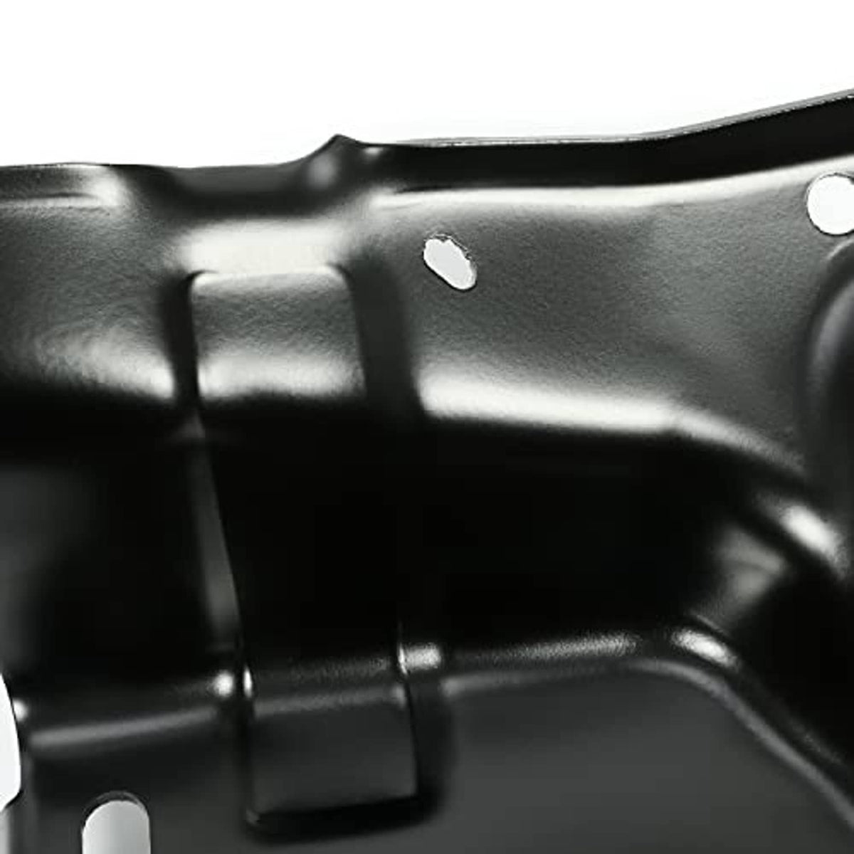 Close-up of black steel front bumper bracket with embossed mount area