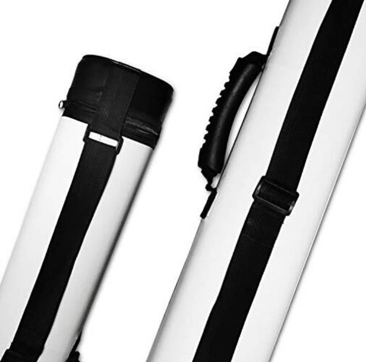 White cue case showing black web straps and secured end section with zipper top