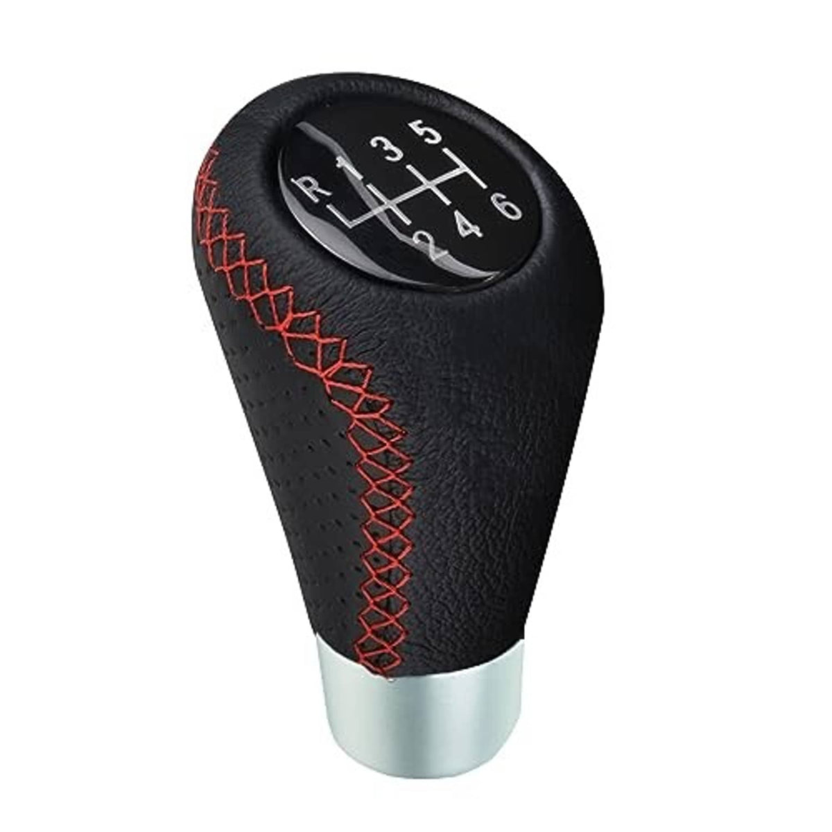Black leather 6-speed shift knob with red stitched grip and silver metal base, numbered dial