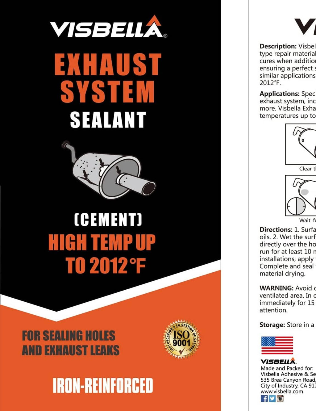 Exhaust system sealant tube front, showing large product title and orange warning area
