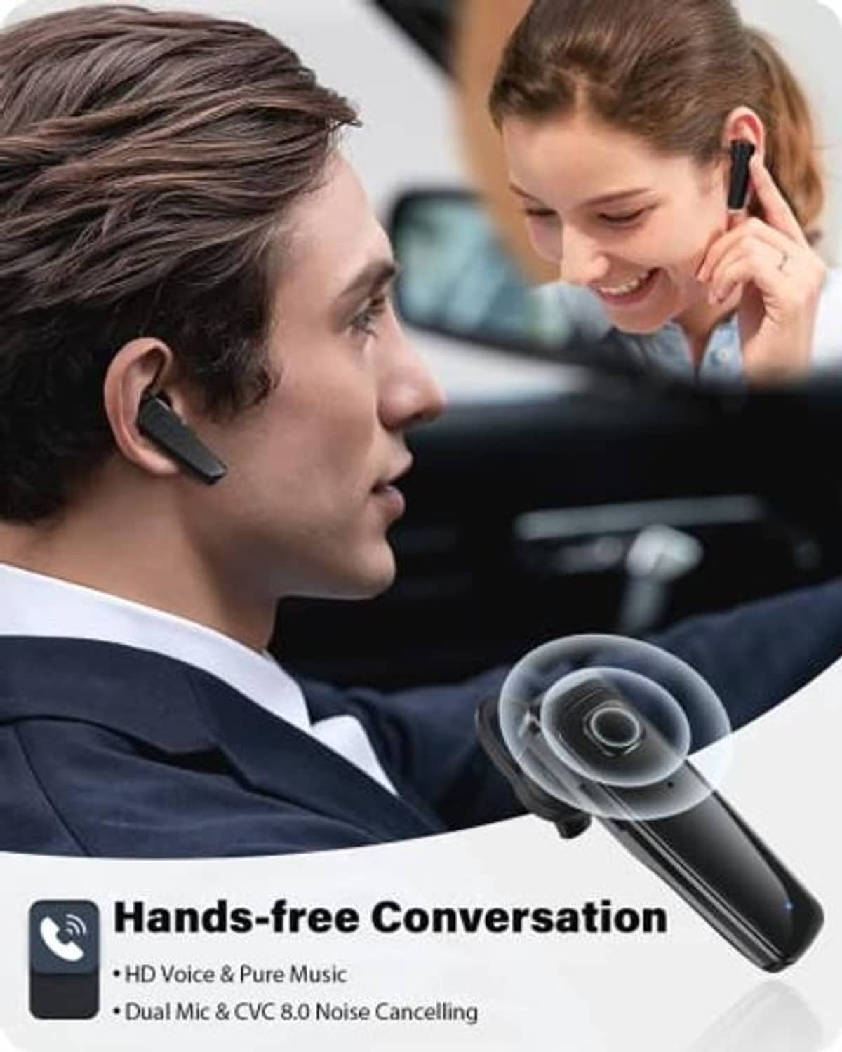 Black wireless headset worn by a driver for hands-free conversation.