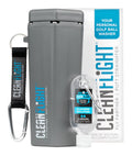 Portable grey golf ball washer with Clean Flight branding and blue strap