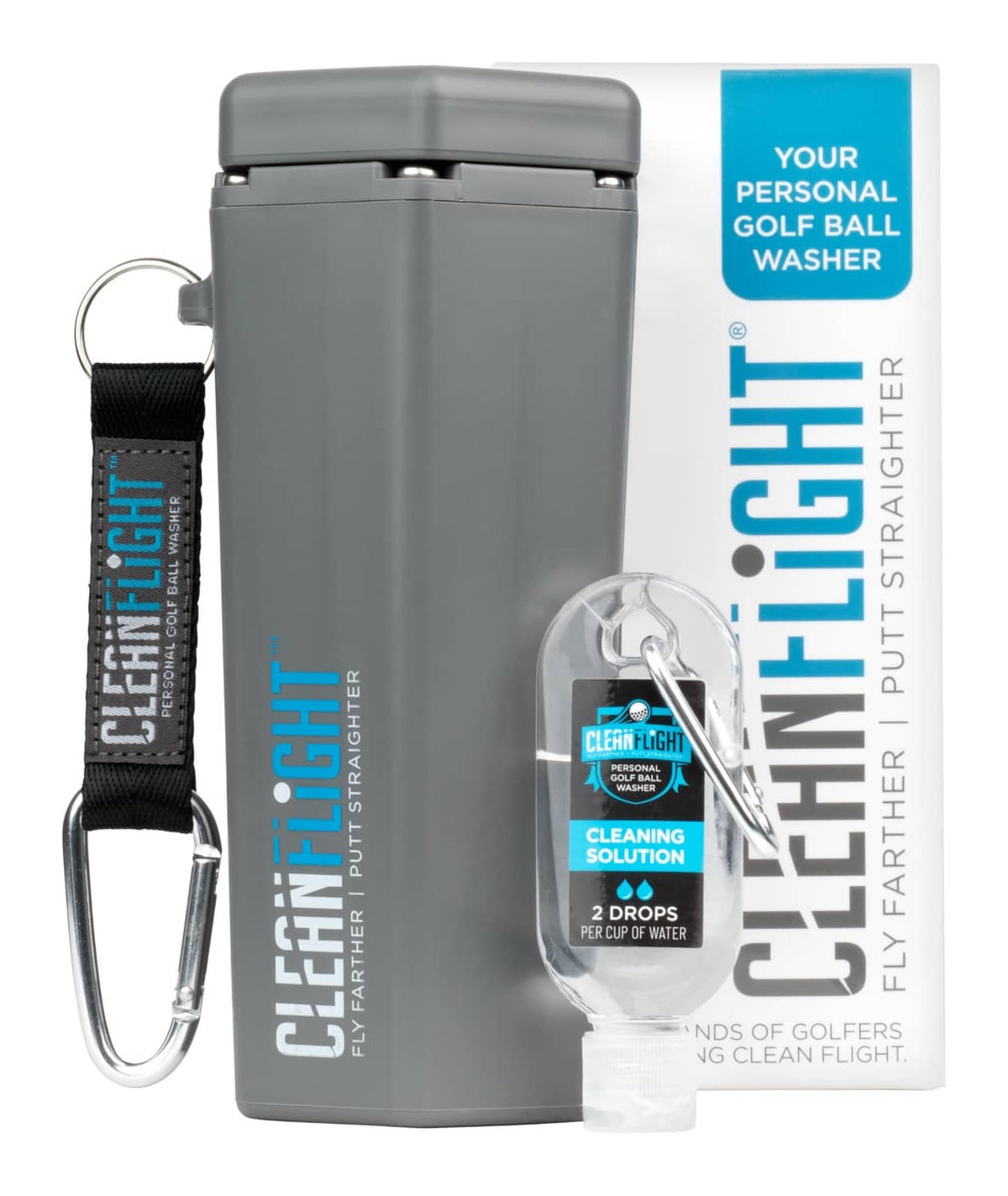 Portable grey golf ball washer with Clean Flight branding and blue strap
