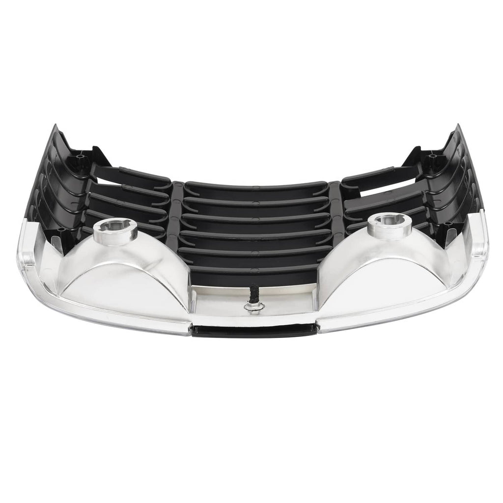 Underside view of black ABS grille with mounting hardware and two clear lens covers