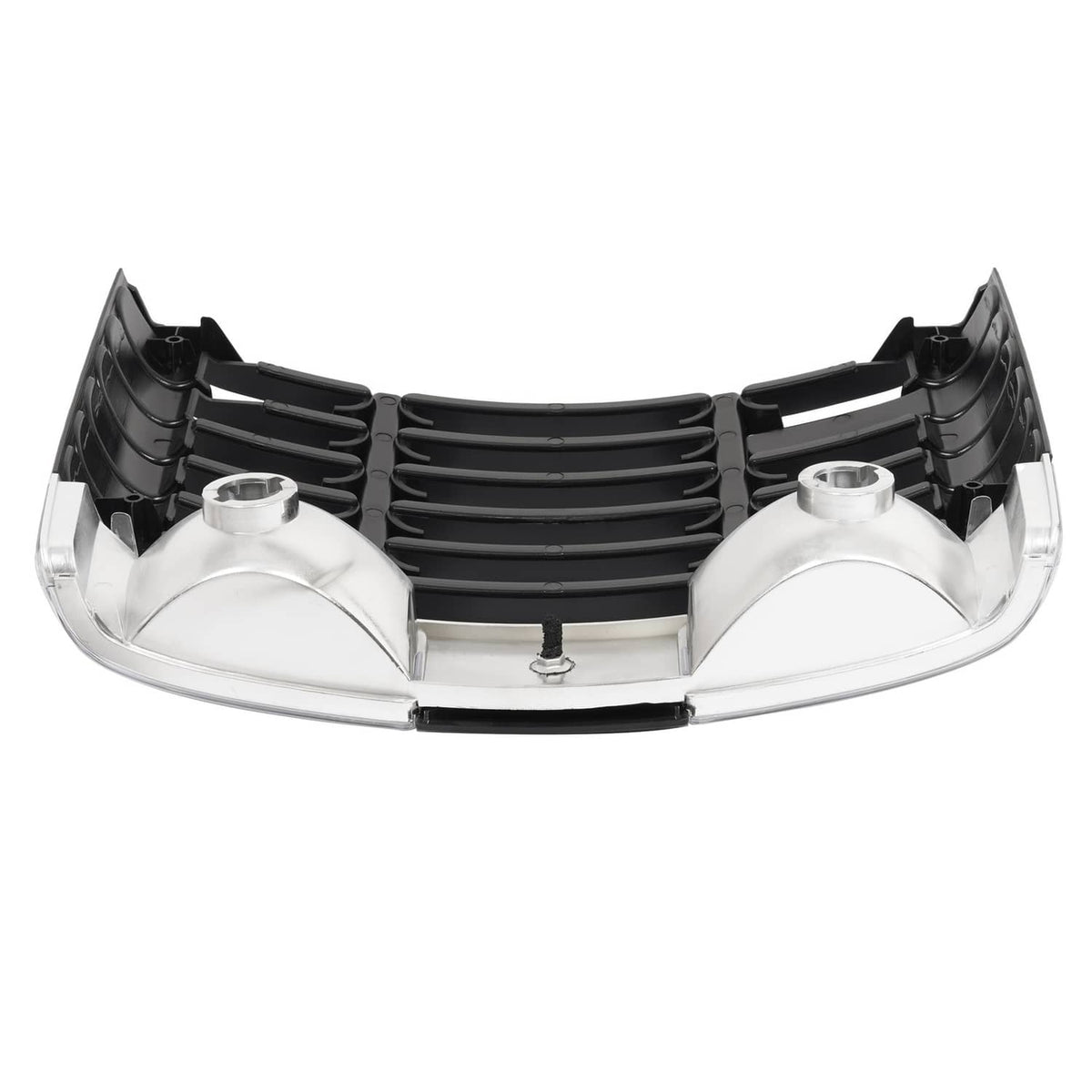 Underside view of black ABS grille with mounting hardware and two clear lens covers