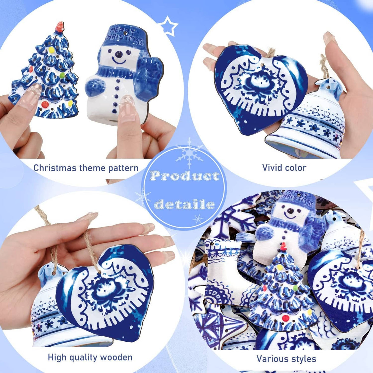 Blue-and-white porcelain ornament close-ups: heart, bell, snowman, pine tree.