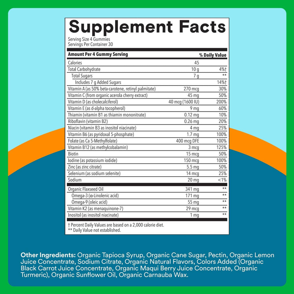 Supplement Facts panel for men's organic multivitamin gummies, text on label
