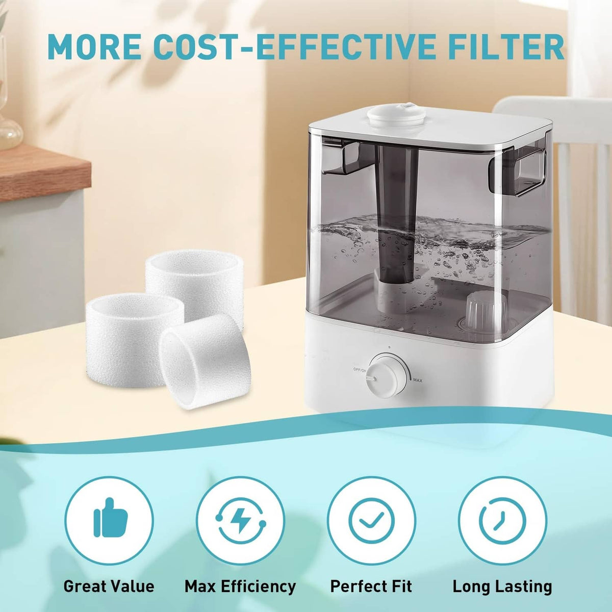 White foam humidifier filter cartridges beside a clear top humidifier tank unit