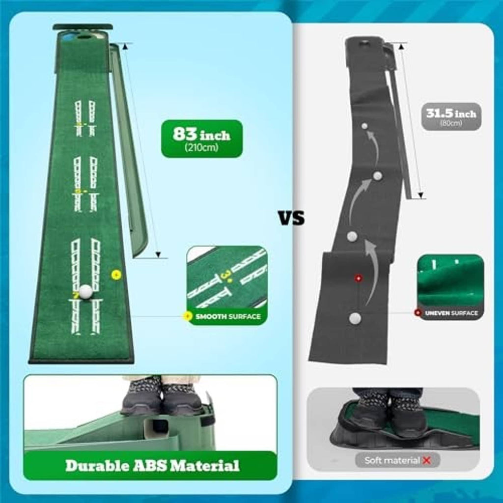 Green golf hazard putting mat with compact design and included practice insert shown on set.