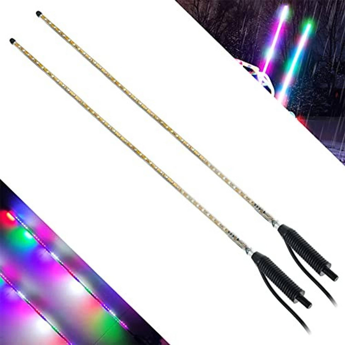 Set of two gold LED whip lights with black spring bases and lead wires