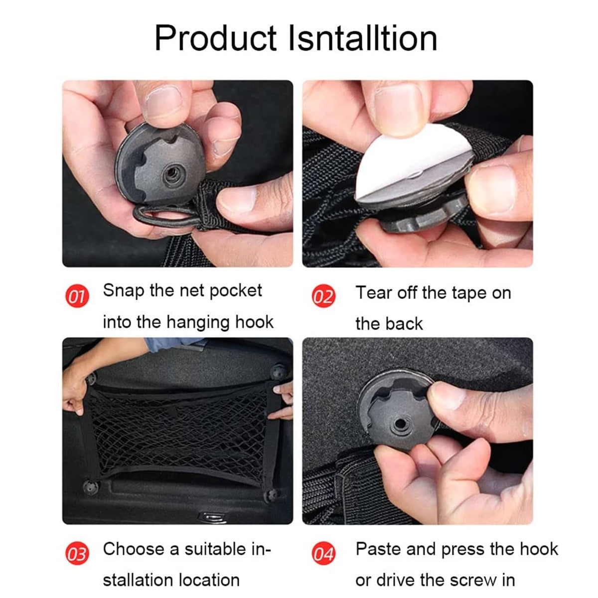 Black cargo net mounting hook and screw install on corner grommet