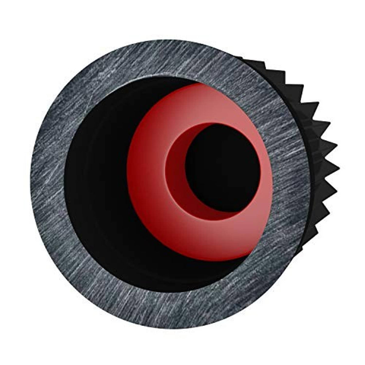 Black valve stem cap with textured gray side and red inner ring